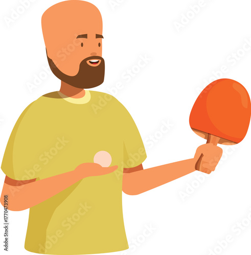 Bearded man holding a ping pong paddle and ball, about to serve, enjoying a friendly game