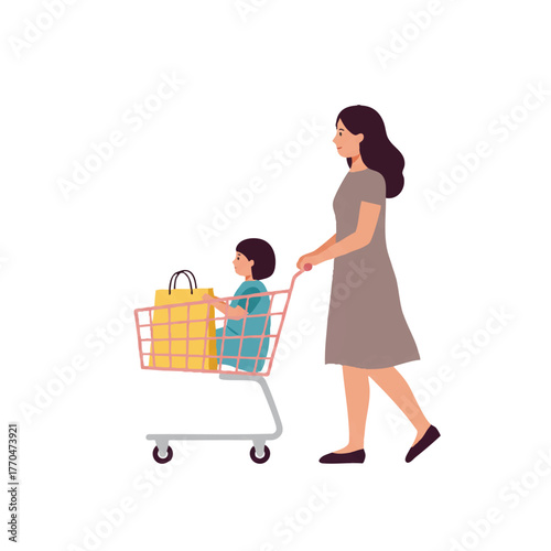 A flat 2D minimalistic vector illustration shows a modern woman pushing a grocery shopping trolley with her young child sitting safely inside, isolated on a clean white background.