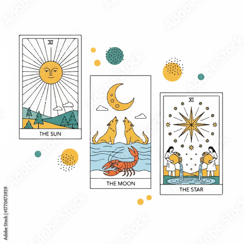 Vector illustration of tarot cards featuring The Sun, The Moon, and The Star with celestial elements on a white background.