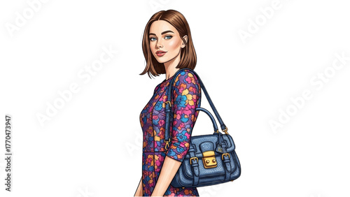 Colorful Realistic Fashion Illustration of Young Woman Wearing Designer Handbag, Detailed Straps and Clasp, Minimal Shadows, Modern Black Outline Art on White Background