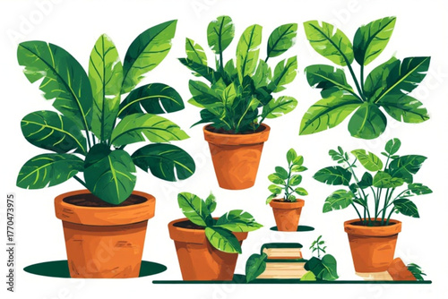Collection of potted plants with lush green leaves in terracotta pots, some arranged with books, isolated on white.