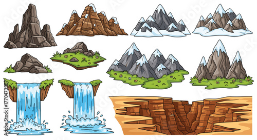 Stunning collection of diverse cartoon landscapes featuring majestic mountains, cascading waterfalls, rocky outcrops, and grand canyons for creative projects
