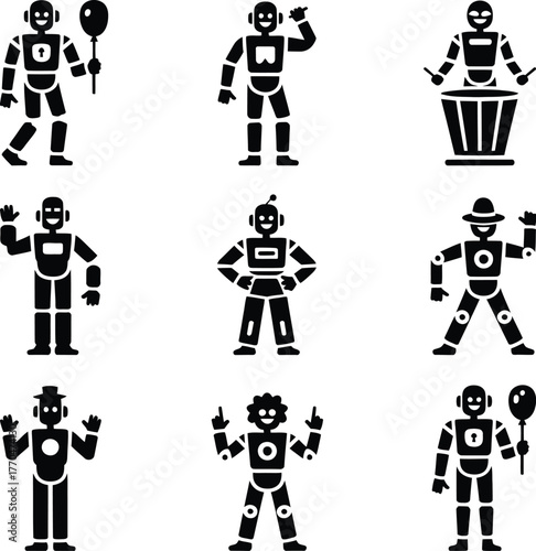 Nine black robot icons in various poses and actions