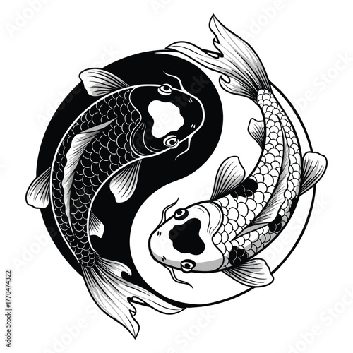 Black and white vector illustration of koi fish forming a yin and yang shape on a white background