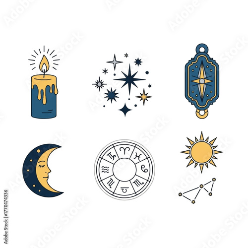 Vector illustration of astrology symbols including a candle, stars, moon, sun, zodiac wheel, and constellations on a white background.