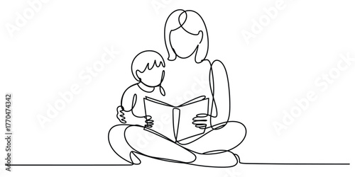 Continuous line drawing of a mother reading a book to her child on the floor vector