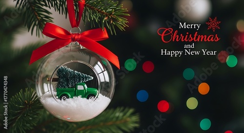 Christmas bauble with tiny tree and truck, merry christmas text