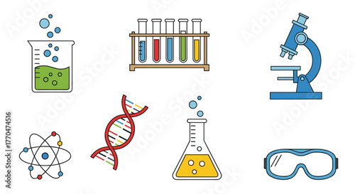Vibrant science icons including DNA, atom, beaker, test tubes, microscope, and safety goggles ignite discovery and innovation