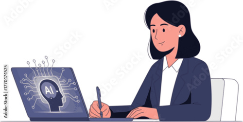 Using AI at work - Woman working and writing on laptop computer with the help of artificial intelligence assistant chip at work in office. Flat design stock illustration with white background