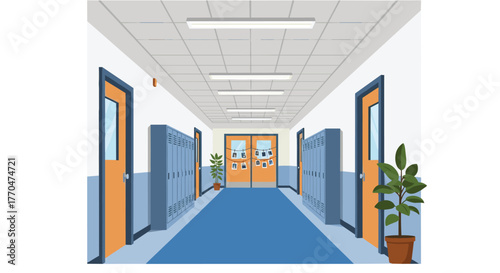 Empty school hallway with lockers and doors creates a sense of anticipation for learning and growth