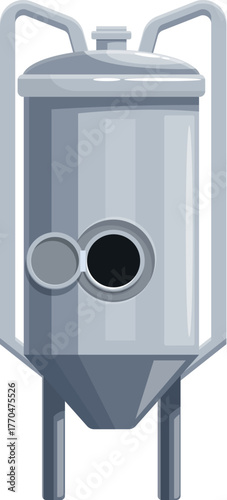 Processing tank for industrial production mixing liquids, featuring an open hatch and a conical bottom