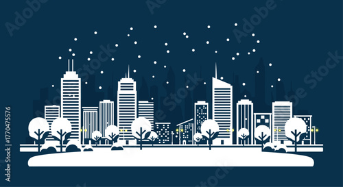 Stunning modern cityscape silhouette under starry night sky with minimalist white trees and buildings, evoking urban tranquility and winter charm