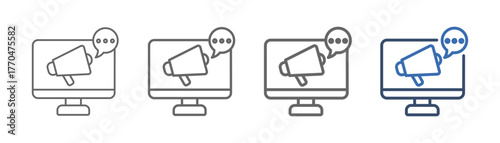 
outline icon sheet advertisement with computer, speaker and conversation design