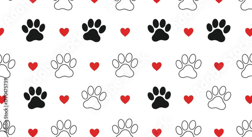 Paw Prints Pattern with Hearts on White Background, Animal Pet Footprints