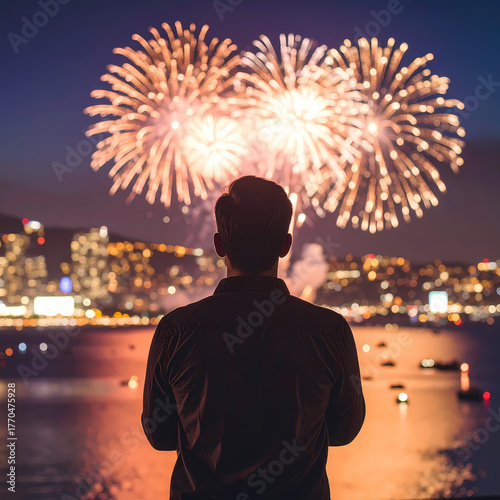 Person watching fireworks display over city at night celebratory event