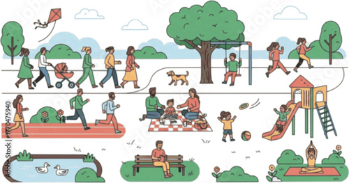 Various people in public park outdoors - Vector characters spending time and doing leisure activities outside in fresh air. Flat design vector illustration graphic on white background