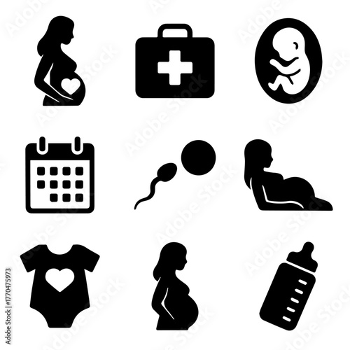 Simple set of flat black icons about pregnancy and baby.