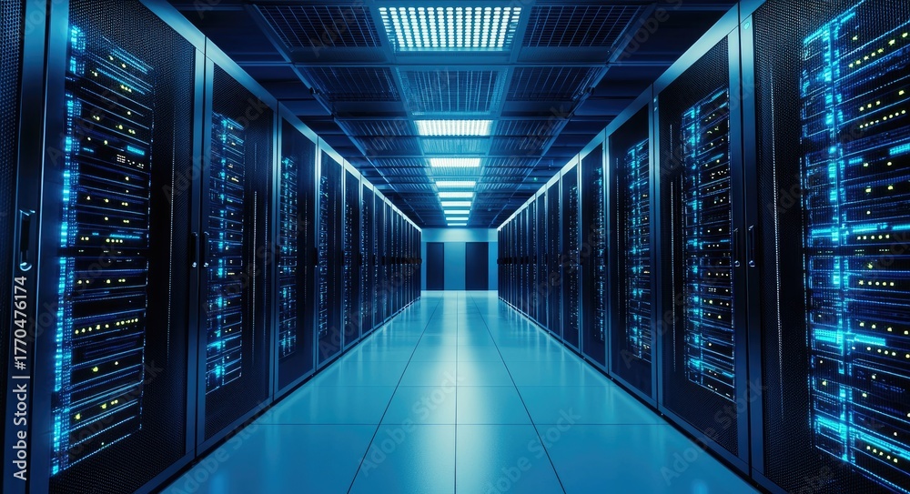 Fototapeta premium Futuristic IT data center interior with rows of glowing blue server racks and illuminated ceiling panels, ideal for AI cloud computing, network security, and digital infrastructure backgrounds