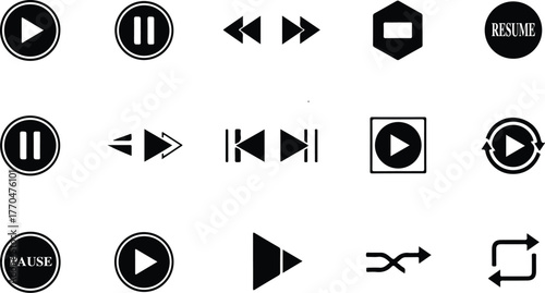 Collection of media player control icons including play, pause, stop, fast forward, rewind, shuffle, and repeat, isolated on white background