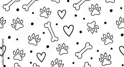 Playful Pattern with Hearts, Dog Bone, Paw Print Design on White Background
