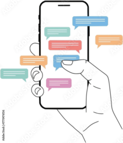 Text messages on mobile phone - Hand holding smartphone with abstract text communication on screen. Flat design vector illustration with white background