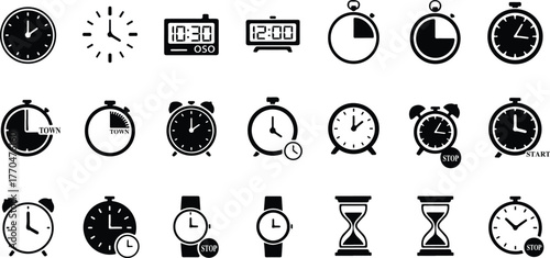 Collection of various clock and time icons, including analog clocks, digital clocks, alarm clocks, stopwatches, and hourglasses, isolated on white background