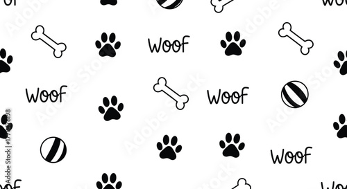 Playful Seamless Pattern with Bones, Woof Text, Paw Prints, and Striped Ball on White