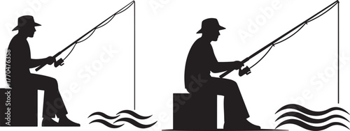 Two fishermen sitting and casting silhouette