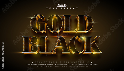 Gold Black 3D Editable Text Effect Design Vector Graphic Style with Golden Framed Typography Lettering and Shadow on Dark Background. Premium Scalable Gold Texture Luxury Illustration Template