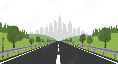 Open road leads to vibrant city skyline, symbolizing progress and urban exploration with green landscapes flanking the journey
