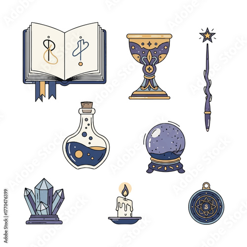 Vector illustration of magical objects including an open spellbook, crystal, potion bottle, and wand on a white background with mystical symbols and warm blue and gold