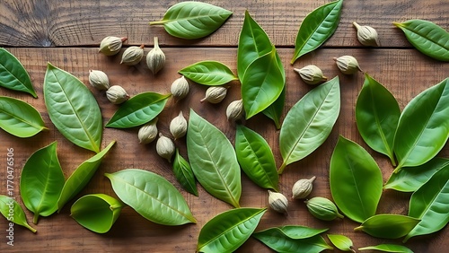 Fresh Tea Leaves on Rustic Wooden Surface Overhead View