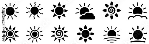 Set of sun icons representing sunlight, sunshine, sunrise, and weather concepts. Ideal for summer, nature, climate, and energy themes. Perfect for web, apps, and design projects in flat style.