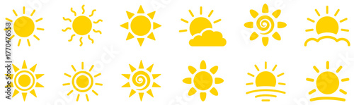 Sun icons set on white background. Sun icon isolated set.  Sun icon set, sunrise and sunset symbols, decorative solar burst vector illustration. Yellow sun icons collection. Vector illustration