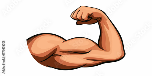Cartoon illustration of a muscular arm flexing its bicep with a clenched fist