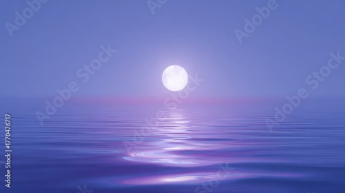 small glowing moon levitating above calm water, gentle ripples, soft blue and violet glow, tranquil ambient lighting, elegant minimalistic background