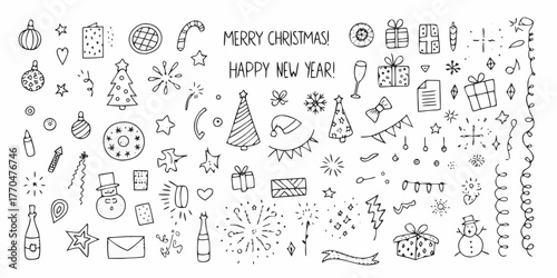 Collection of hand drawn doodle elements for merry christmas and happy new year celebrations