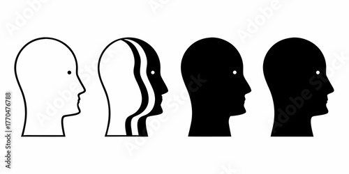 Four stylized human head profiles in silhouette and outline showing progression and contrast
