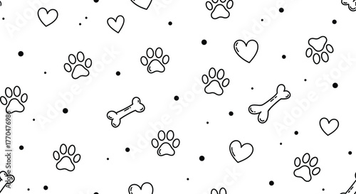 Seamless Pattern of Dog Paw Prints Bones Hearts & Dots on a White Background