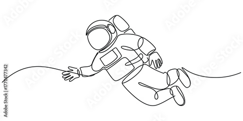 Minimalist astronaut floating space walk continuous line art drawing vector