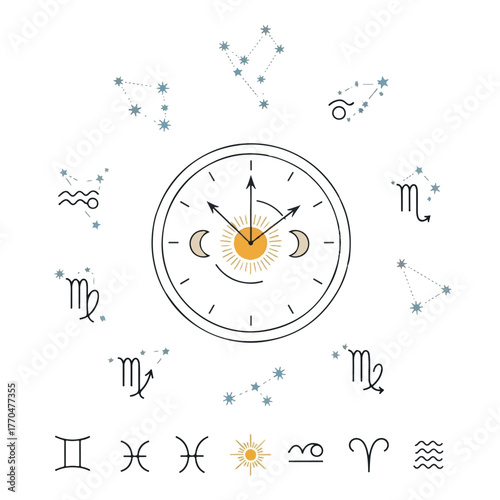 Vector illustration of a clock surrounded by zodiac signs and constellations on a white background