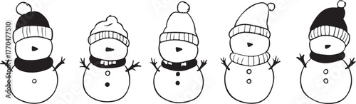Black and white contour vector illustration of a cute snowman for a Christmas or winter holiday abstract background