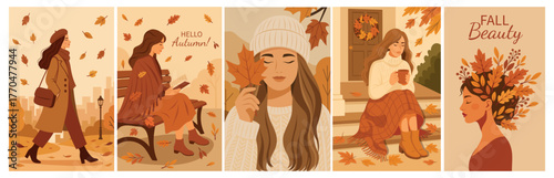 Set of cozy autumn vector illustrations featuring women taking a walk, reading on a bench, holding leaves, drinking tea on a veranda. For banners, postcards, social media posts. High quality, scalable