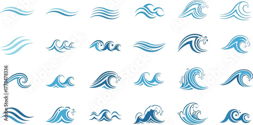 Set of Blue Waves Icons with Water Drops on White Background