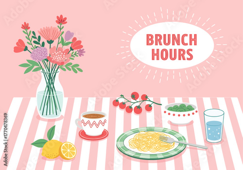 A colorful flat illustration displays a delightful brunch spread with spaghetti, coffee, and a floral vase on a pink striped tablecloth