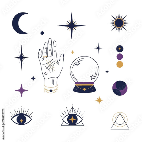 Vector illustration of mystical symbols including a crystal ball and palmistry hand with celestial elements in a dark purple and gold color scheme on a white background.