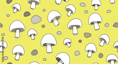 A fun seamless pattern features white button mushrooms and small gray pebbles scattered on a bright yellow background.