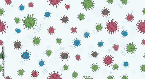 A colorful pattern of stylized coronavirus-like particles spreading across a light background, representing widespread viral infection or disease.