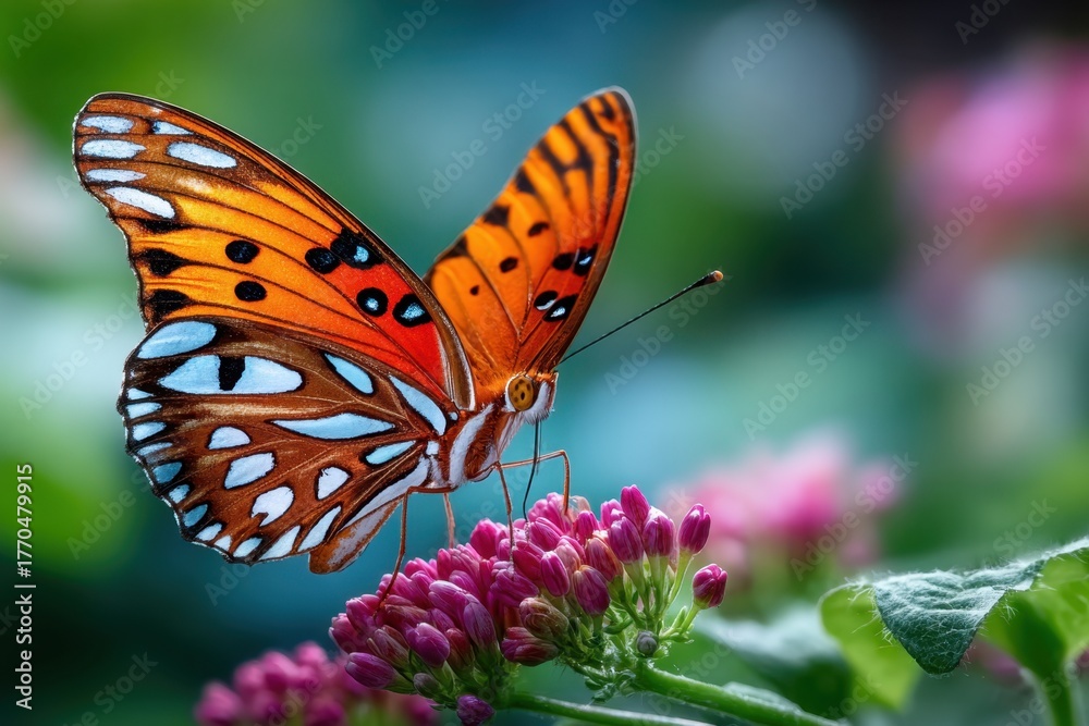 Fototapeta premium Butterfly with orange and white wings on pink flower
