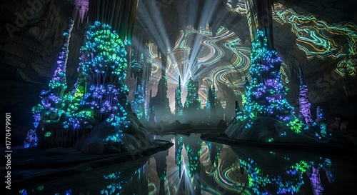 A captivating cavern illuminated by vibrant light projections on stalagmites and walls, reflecting in a tranquil pool
